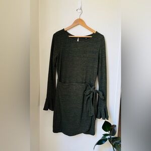 Lulu's Dark Green Long Bell Sleeve Dress with Tie